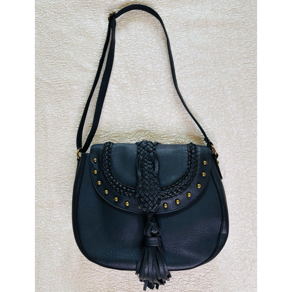 Oversized Boho Stud and Tassel Saddle Shoulder Bag Black Vegan Leather NEW - Picture 4 of 8